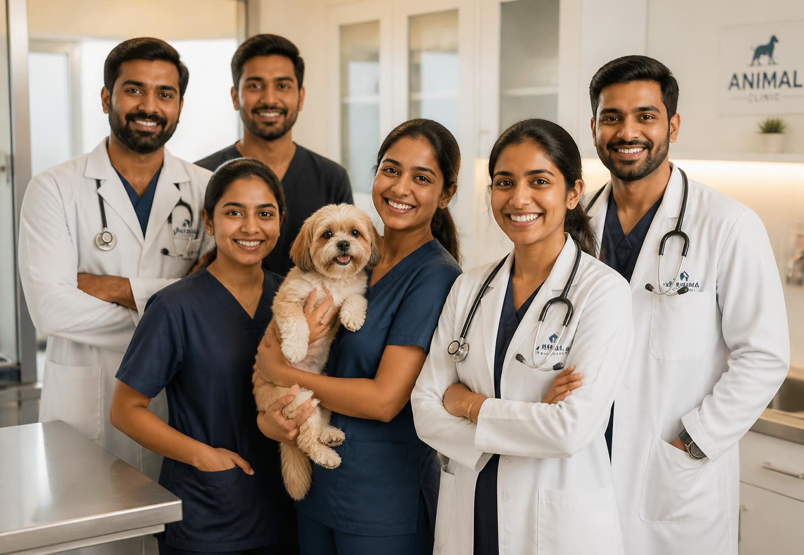 South Asian veterinarians and technicians together in a modern Ontario clinic